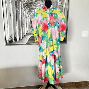 Egon Von Furstenberg‎ Floral Maxi Shirt Dress Flowy Puffy Sleeve Tiered Cotton